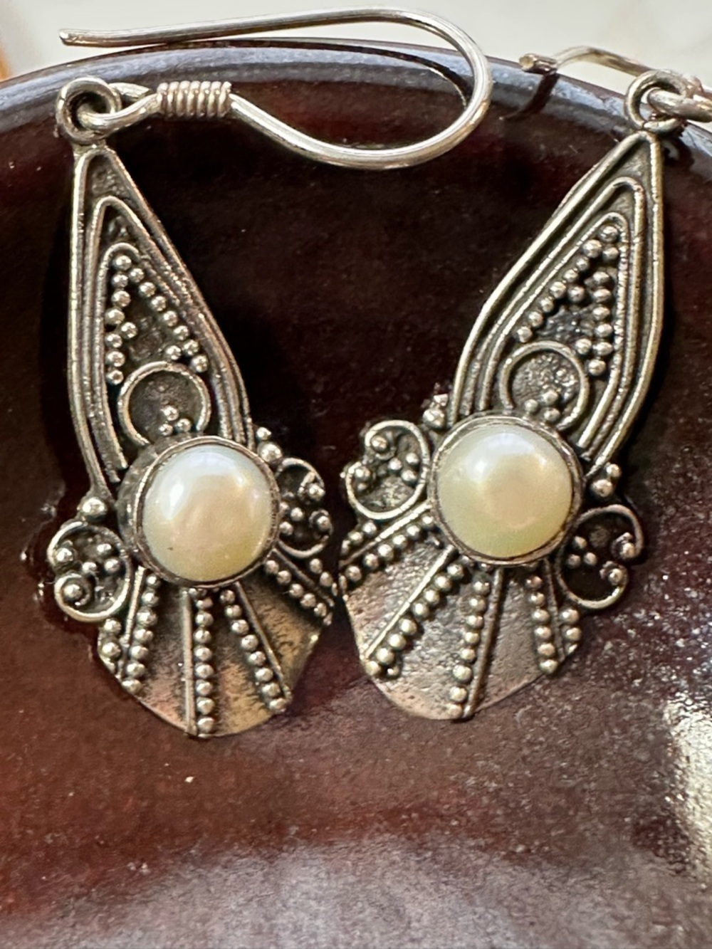 Sterling-Style 925 Silver Drop Earrings with Pearl Cabochon